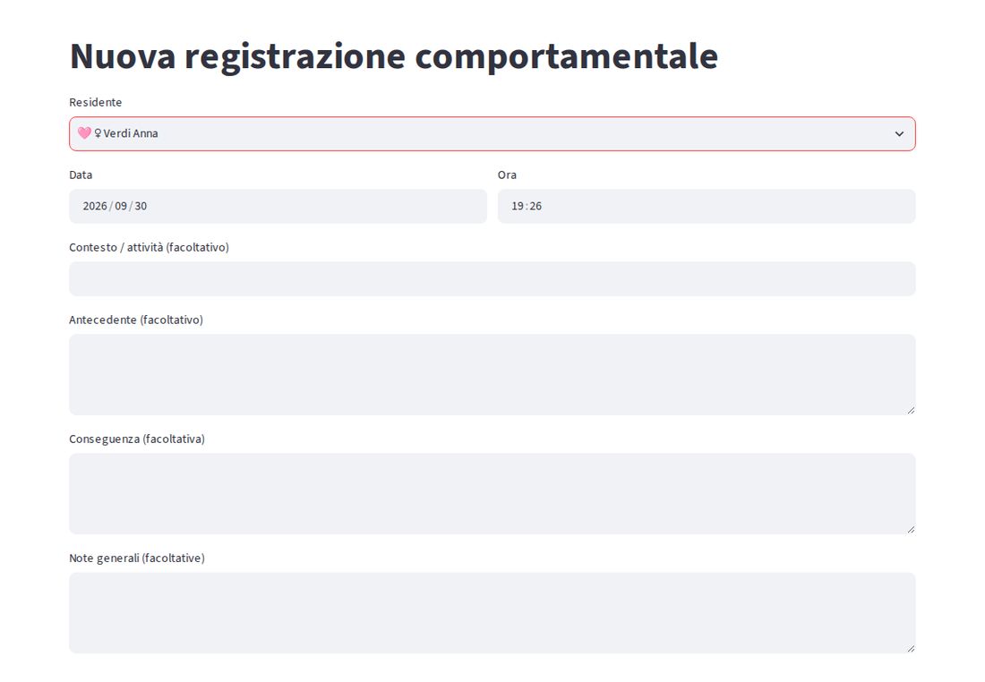 Scheda di nuova registrazione comportamentale con data, ora, antecedente, conseguenza e note
