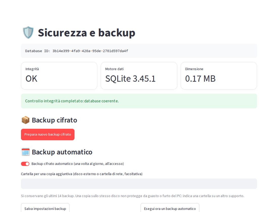 Pagina sicurezza e backup con controllo di integrità e backup cifrati automatici